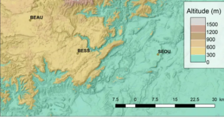 Figure 1. Topographic map (elevation in metres) with the three sites indicated.