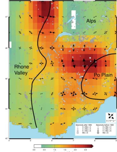 Figure 9. Smoothed horizontal strain rate field for Pyrenean perma- perma-nent and campaign stations, with instrumental (dark gray) and  his-torical (light gray) seismicity (SHARE and SI-Hex) and the main fault zones bordering the Pyrenees to the south and