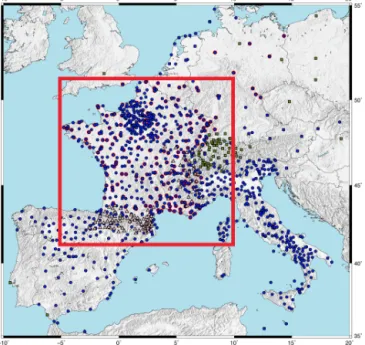 Figure 2. Distribution of the permanent (blue circles and blue cir- cir-cles with red outline for the stations used to define the  “France-centered” reference frame) and campaign (pink triangles) stations used in this study