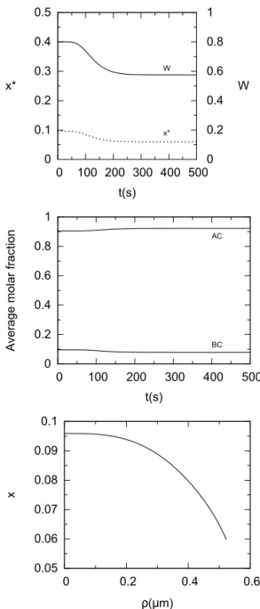 FIG. 7: From top to bottom: time dependence of the satura- satura-tion state I(t, x ∗ (t)), time dependence of the critical nucleus composition x ∗ and concentration profile of the surviving  par-ticles at the end of the simulation