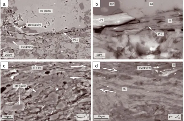 Figure 4. Backscattered scanning electron (BSE) images illustrating the deformation in the parent marls and fault zone.