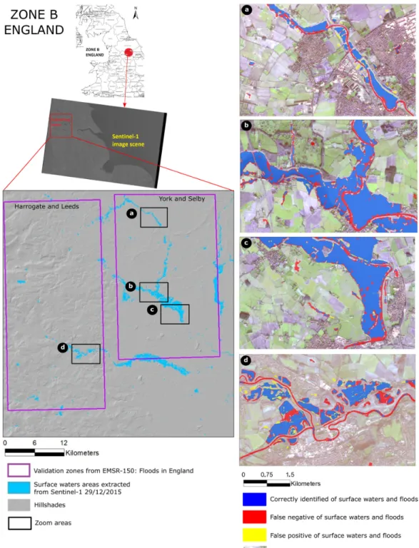Figure 7. Surface water extraction result in Zone B (England) with several zoom areas overlaying Sentinel-2 imagery.