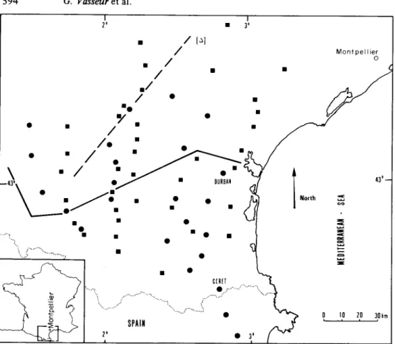 Figure  1.  Location  of  the  stations  occupied  from  1972  to  1975  in  the  eastern part  of  the  northern  Pyrenees