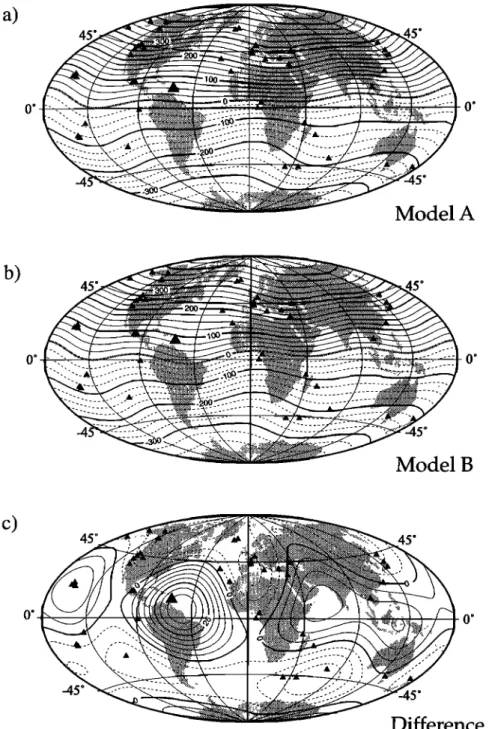 Figure 7.  Radial component  (Br, in I.  tT) of the geomagnetic  field at the core-mantle  boundary  obtained  by  fitting the paleomagnetic  database  from the last 5 Ma [Carlut  and Courtillot, 1998] (see text)