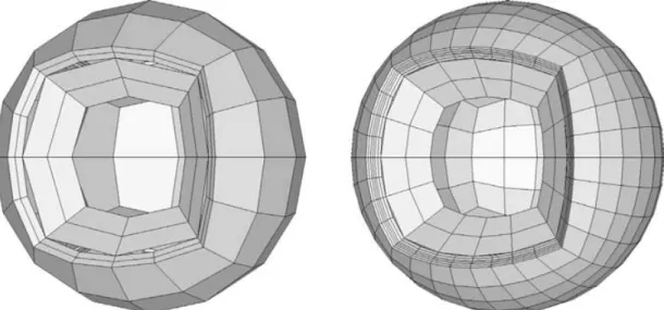 Figure 1. Two examples of meshes of the sphere used to parametrize the velocity model: one with 274 free parameters (left) and one with 2610 free parameters (right).