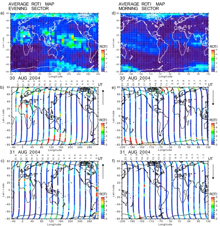 Figure 2. Global maps of CHAMP ROTI observations. Global maps of the ROTI variability along CHAMP passes on 30 – 31 August 2004 for (a – c) evening and (d – f) morning (right panel) sectors
