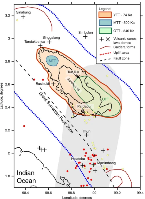 Figure 2 | Locations of volcano-related structures and seismic stations in the Toba region