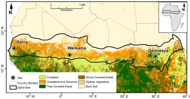 Figure 1. The location of the sites and the dominant land cover classes in Sahel. The Sahelian borders  are based on the 150- and 700-mm annual rainfall isohyets