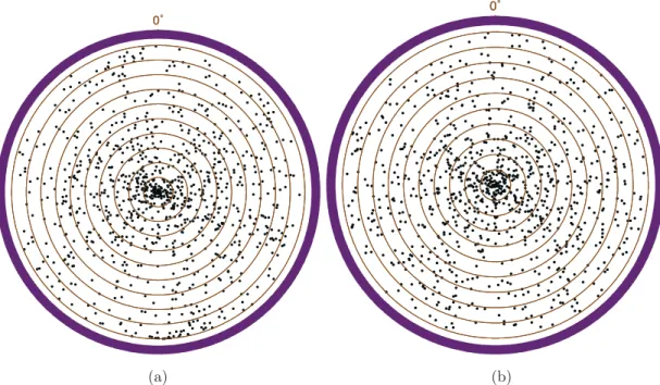 Figure 7. (a) 2-D uniformized data computed from the 990 Brunhes data of the Q94 database, using the QC model, plotted in polar (t, 2 π s) coordinates in a disc of unit radius; (b) same, but for synthetic data (see text for details)