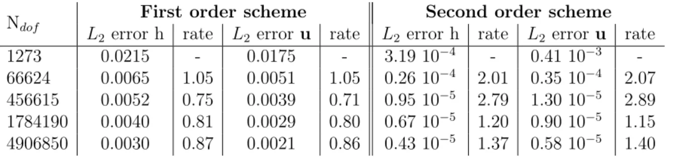 Table 2: 3D axisymmetrical parabolic bowl: L 2 error table and convergence rate for the velocity and the water depth for each mesh.