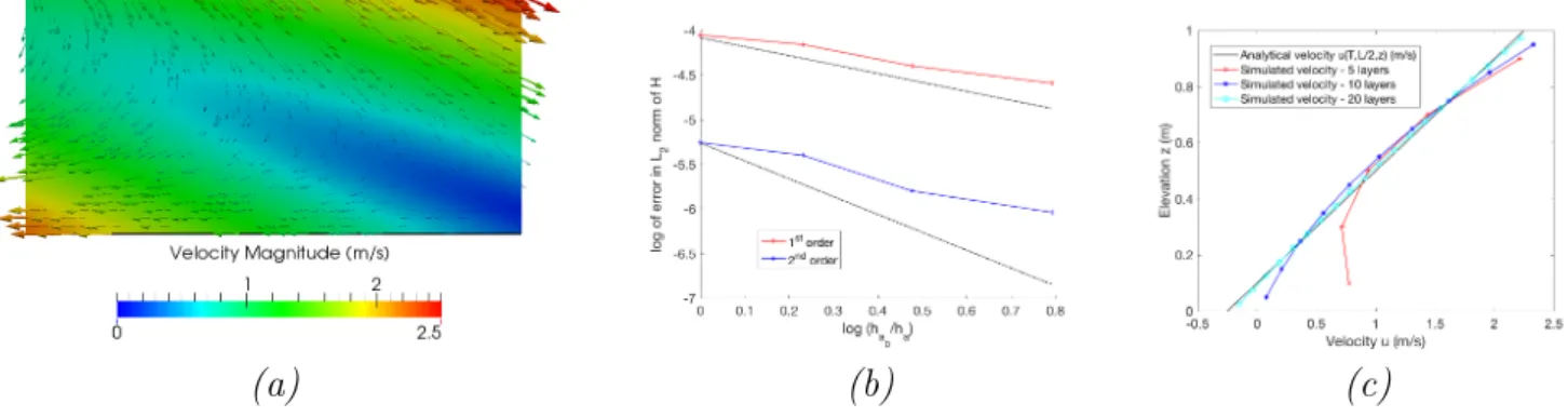 Figure 6: Analytical solution given in prop. 6.2 : (a) slice of the fluid domain for y = 0.5 m and velocity field at time T = 0.5 s, (b) convergence curve towards the reference solution, first order (space and time) and second order extension (space and ti