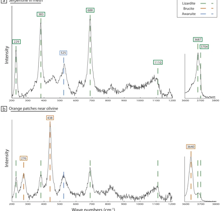 Figure 9. Representative Raman spectra of serpentine. (a) Serpentine in the mesh is almost pure lizardite (peaks indicated by the green dashed lines)