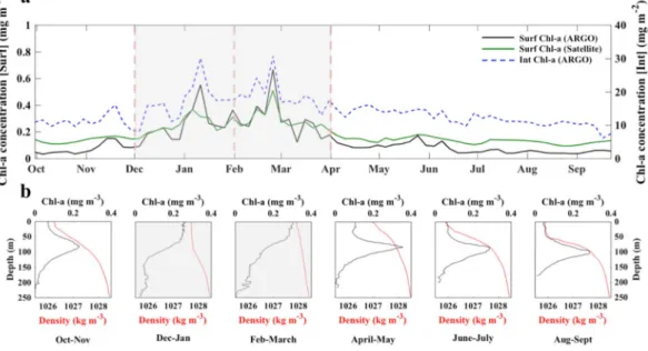 Figure 2. (a) Seasonal time series of surface and integrated Chl-a concentrations. The black and green lines  represent surface BGC-Argo Chl-a concentrations (averaged over the first optical depth) and satellite-derived  surface Chl-a concentrations respec
