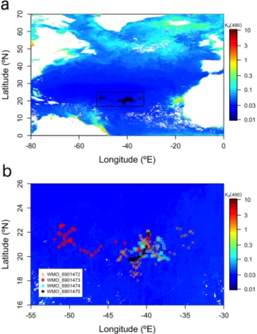 Figure 1. The North Atlantic subtropical gyre. (a) Area (black rectangle) and stations (black open circles) sampled by four Biogeochemical ‐ Argo ﬂ oats between 2012 and 2018; (b) Float trajectories