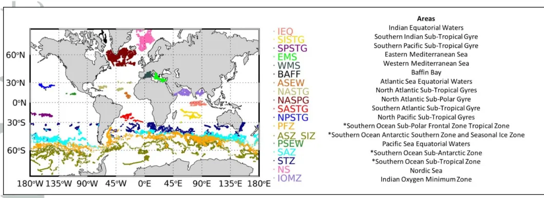 Figure 1: Geographical distribution of the BGC-Argo dataset on a global ocean scale. Each colour represents sampling areas and abbreviations