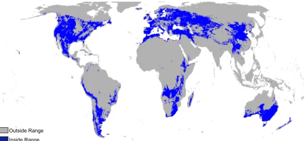 Fig. A.1. Distribution of areas within the range of land temperature (0.4 to 22.0 °C) and soil water content (0.17 to 0.37 m −3 m −3 ) of the 164 selected spring samples