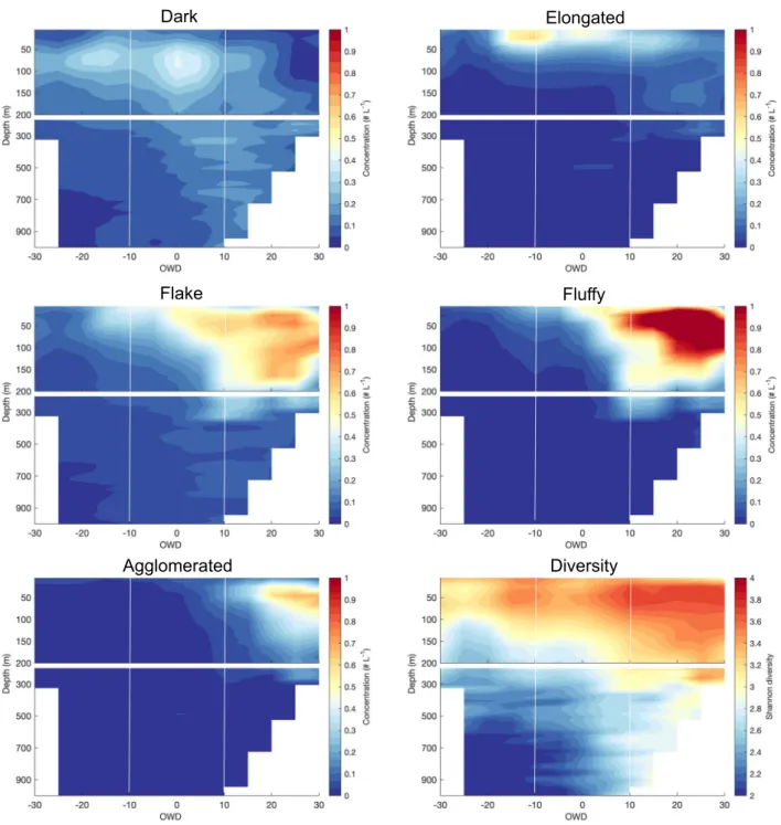 Fig. 3 Spatio-temporal distribution of marine snow morphotypes. Section plots of the concentration of various morphotypes of marine snow, their diversity (Shannon-Wiener index) over depth and time (open water days (OWD)) in the Baf ﬁ n Bay