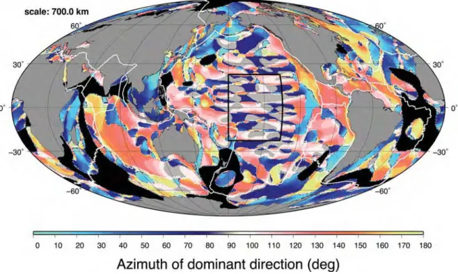 Figure 12. Map of dominant directions of the 700 km scale wavelet transform of a synthetic signal based on the superposition of a 700 km scale synthetic undulation of azimuth 90 ◦ and amplitude 5 m to the EGM2008 geoid