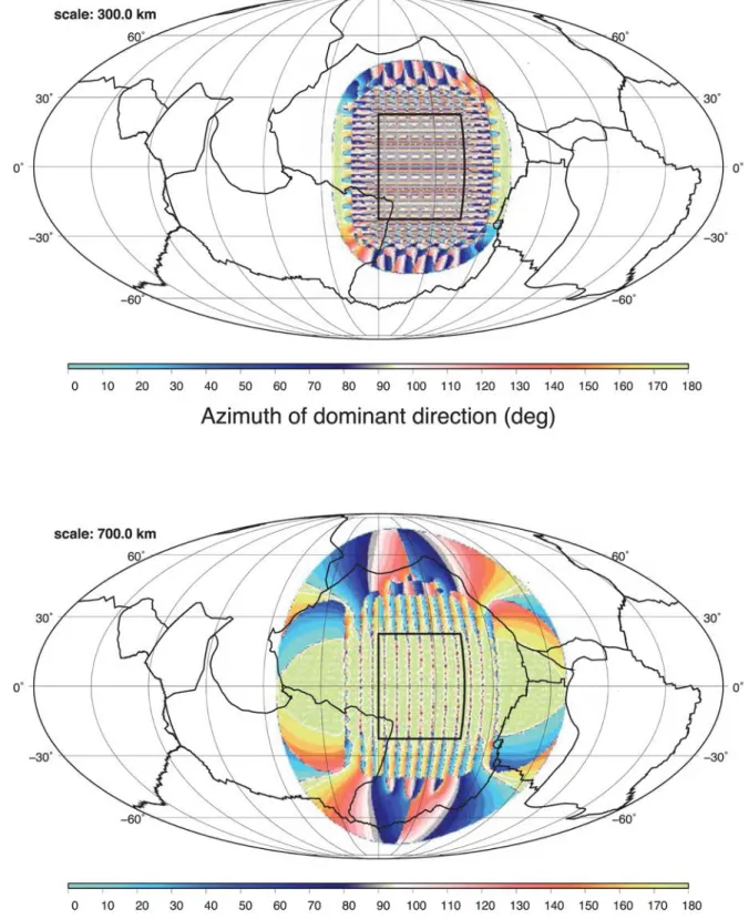Figure 5. Maps of dominant directions of the 300 km (top panel) and 700 km (bottom panel) scale wavelet transform of a superposition of two synthetic undulations of directions 0 ◦ and 90 ◦ azimuths and scales 300 and 700 km