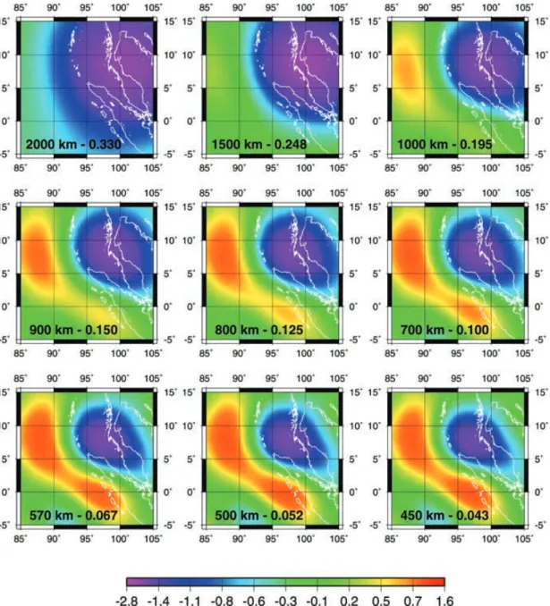 Figure 4. Continuous wavelet analysis coefficients of the geoid difference (mm) between 2005 and 2004, stacked over 9 months