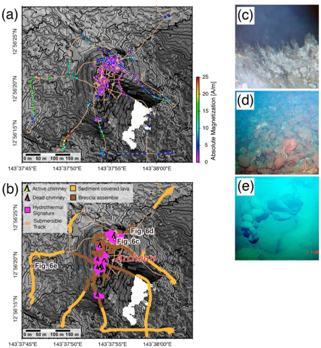 Figure 6. Results from the off-axis area including the Archean sites. (a) Distribution of magnetic-anomaly-derived absolute magnetization (MADAM)