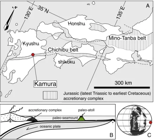 Fig. 1. (A) Index map of southwest Japan, showing the distribution of the Jurassic accretionary complex with accreted paleo-atoll limestones of the Chichibu belt, extending from central Kyushu, onto Shikoku and western Honshu