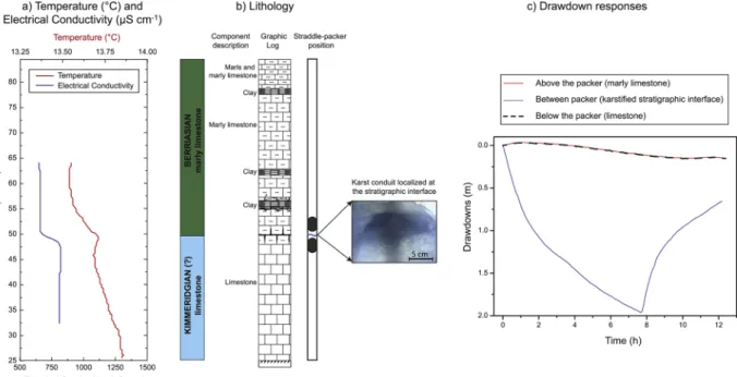 Fig. 11. Geological and hydrogeological logs in the Triadou borehole. a) The resistivity log of the formation has a wide range of values between a lithology rich in clay minerals (Valanginian marls) and more resistive Berriasian marly-limestone and Kimmeri