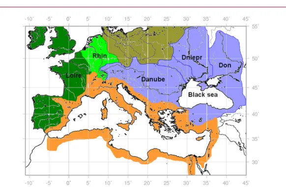 Figure 1. The main river catchment basins in Europe for the Mediterranean Sea (orange), the Atlantic (dark green), the North Sea (light green), and the Black Sea (blue).