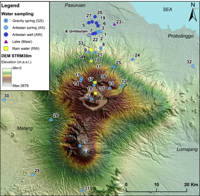 Fig. 3. Location of the sampling sites on the Bromo-Tengger-Semeru area plotted on a DEM (STRM30 m)