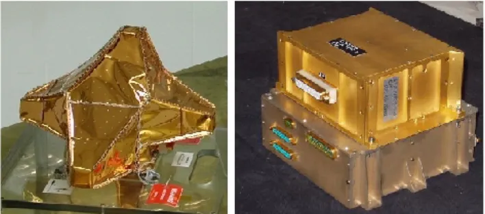 Fig. 1. Main elements of the STAFF-DWP experiment, at test. On the left: picture of the three-axis search coil magnetometer with its thermal blanket