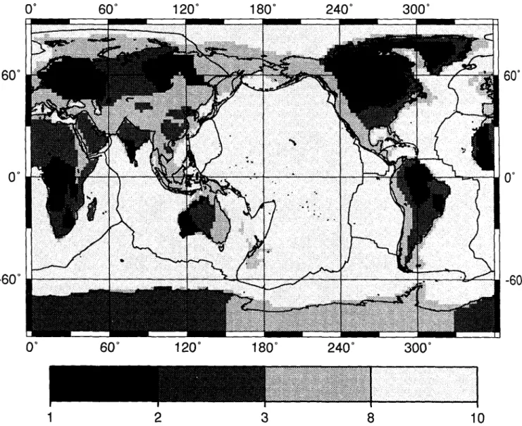 Figure  1.  Geographical distribution of the  three types  of  continental zones (1, Archean; 2, stable; 3, tectonic zones) and oceanic zones  (8)