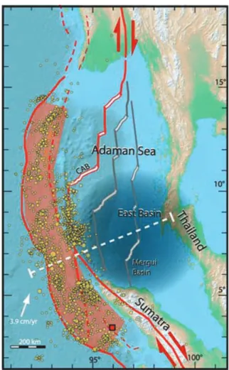 Figure 1. Tectonic map of the area affected by the Sumatra earthquakes. Red square: epicentre of the 2004 December earthquake