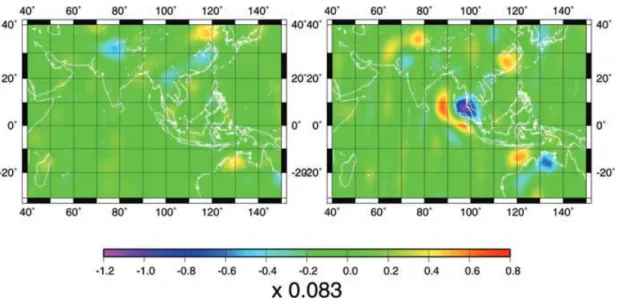 Figure 5. Continuous wavelet analysis coefficients at 500 km scale of the geoid difference (mm) between 2005 and 2004, stacked over 9 months (right-hand panel), and of the geoid difference between 2004 and 2003, stacked over 9 months (left-hand panel).