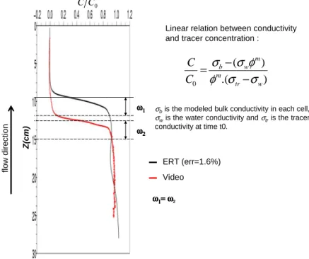 Figure  2.   Vertical  variations  concentrations  of  NaCl  (C/C 0 )  and  dye  obtained by ERT (black curve) and video analysis (red curve)