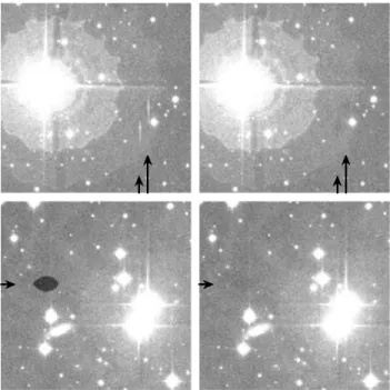 Figure 1. A section of CCDs 3 (top panel) and 4 (bottom panel) of an INT/WFC image of M34, before (left-hand panel) and after (right-hand panel) applying the cross-talk correction described in the text