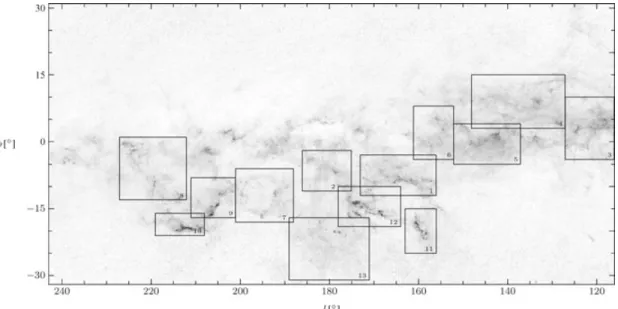 Figure 1. A grey-scale illustration of our 8001-deg 2 extinction map of the Galactic Anticentre obtained from  J − H  and  H − K  colour excess determinations in 2MASS