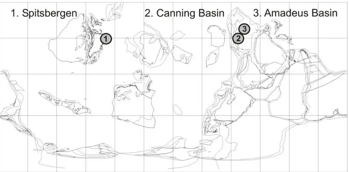 Figure 1. Paleogeographical map of trilobite sample sites: 1) Spitsbergen, Norway (Valhallfonna 11 