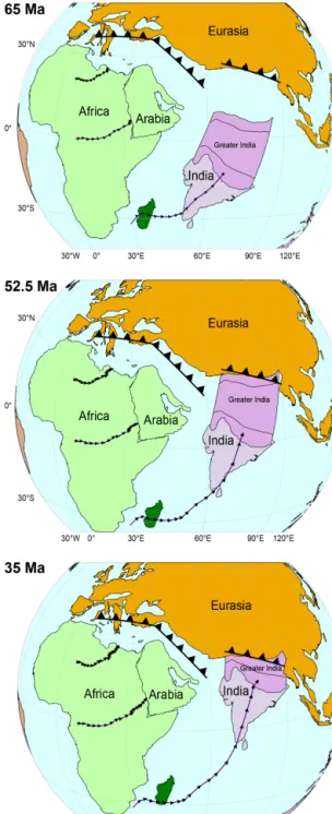 Figure 1. Simplified paleogeographic maps showing the positions of Africa, Arabia, India and Eurasia at 65, 52.5 and 35 Ma  (3-D Globe projection; rotation poles of Müller et al