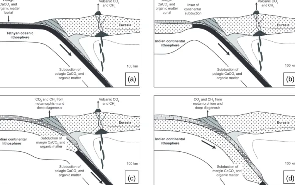 Figure 3. Sketches illustrating the carbon input and outputs considered in the model during subduction