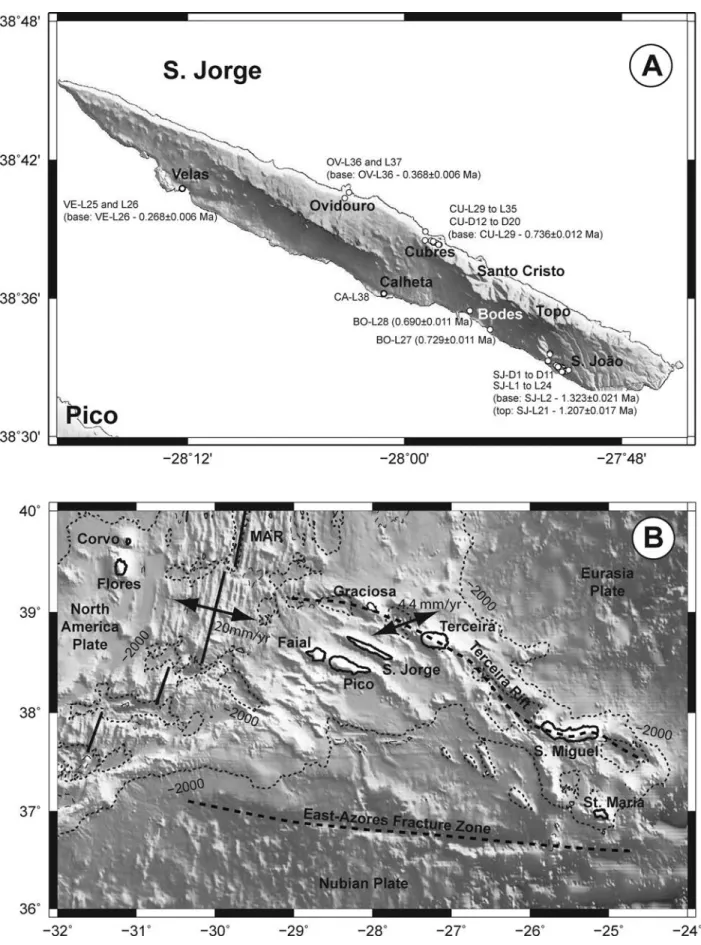 Figure 1. (a) Topographic map of S. Jorge Island with indication of sampling sites and respective ages obtained by Hildenbrand et al