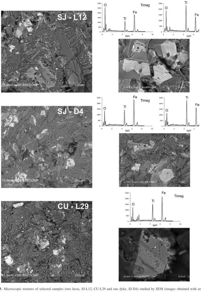 Figure 3. Microscopic textures of selected samples (two lavas, SJ-L12, CU-L29 and one dyke, SJ-D4) studied by SEM (images obtained with secondary electrons)