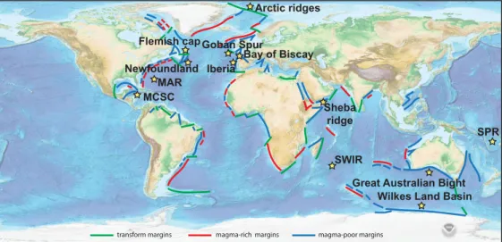 Figure 1. Worldwide distribution of the magma-poor rifted margin systems and locations of the rifted margins and mid-oceanic ridges discussed in this paper.
