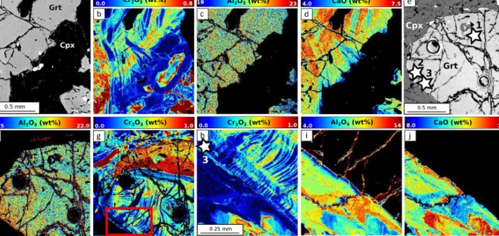 Figure 11. EPMA composition maps for L3515. The area imaged in (a) (SEM image) has been mapped for its Cr 2 O 3 (b), Al 2 O 3 (c) and CaO (d) content