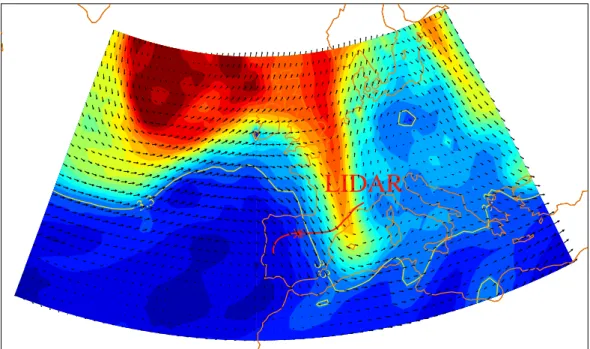 Fig. 5. Horizontal projection of the gravity wave trajectory (red). The starting point of the backward ray-tracing calculations is referred to as “LIDAR”