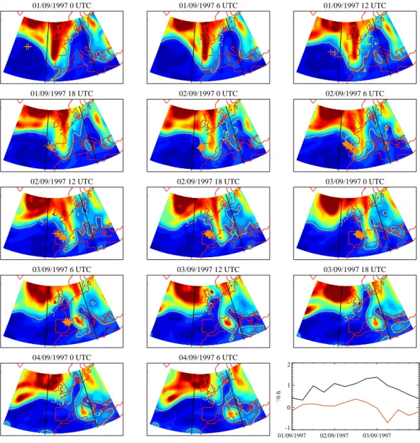 Fig. 7. Evolution of the MPV field on the 340 K isentropic surface. The indicated MPV contour is the same as in Fig