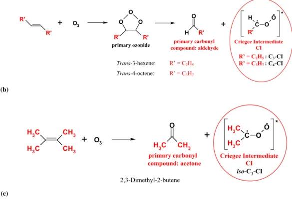 Fig. 1. General mechanism of the gas-phase ozonolysis of enol ethers and symmetric alkenes (b) Trans-3-hexene and trans-4-octene
