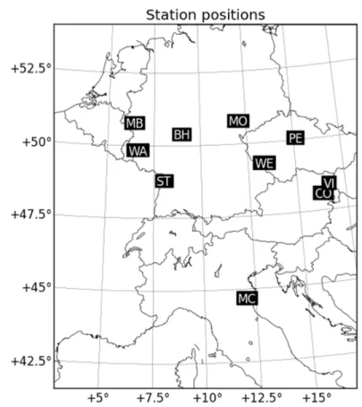 Figure 1. Map showing the location of the SG stations used in this study, see Table 1 for details