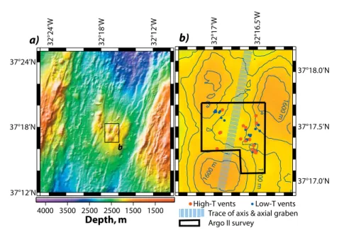 Figure 1. (a) Multibeam bathymetry of the Lucky Strike segment center, showing the faulted central volcano within the axial valley