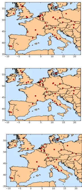 Fig. 2. Temporal evolution of monthly (i.e. 30-day mean) NEE ( g C m −2 day −1 ; negative values: sink) at the CE-L4 locations specified for a full year in the maps