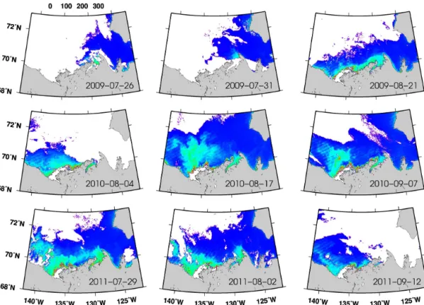 Figure 13. Satellite-derived DOC concentrations in the surface layer for selected MODIS Aqua satellite data recorded in 2009 (top), 2010 (middle), and 2011 (bottom).